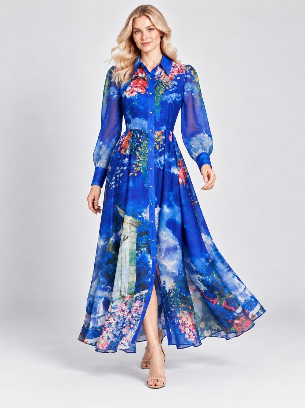 NWT DALIA MACPHEE Blue Floral Garden Mock Neck Long Maxi Shirt Dress Sz Medium